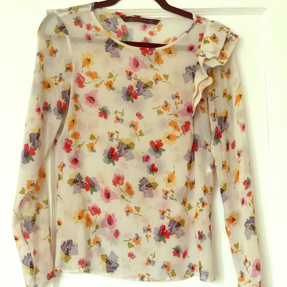 Zara Floral Blouse w/ Shoulder Ruffle
